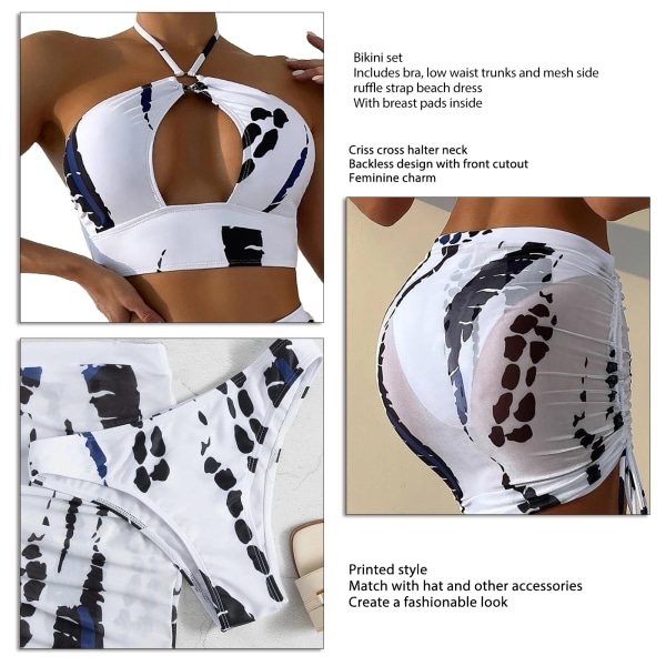 Kvinnor Criss Cross Grimma Bikini Baddräkt Set Fashionabel Causal Tie Dye 3-delad baddräkt med strandkjol Svart Vit M