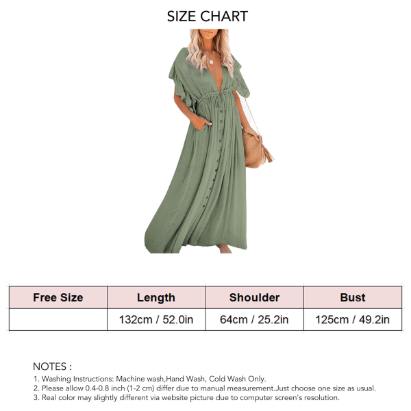 Kvinnors baddräkt Cover Ups V-hals Knapp Ned Midja Dragsko Volangärm Kvinnors Strandklänning för Fest Utomhus Ljusgrön Fri Storlek