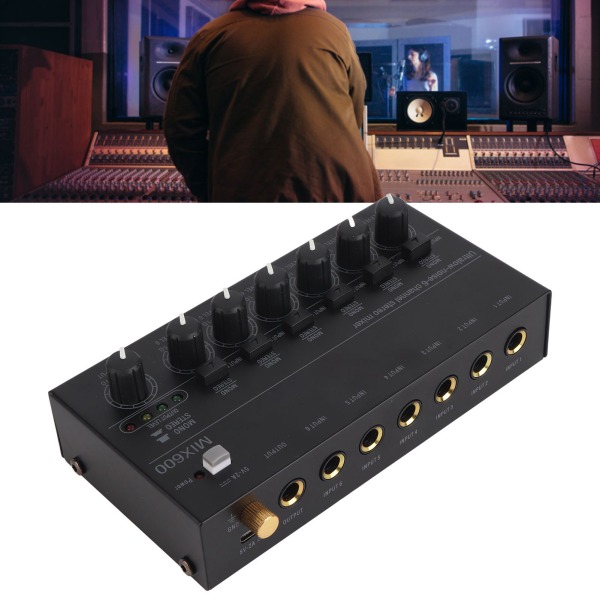 Ljudmixer Ultra Compact Metal Low Noise 6 Channel Stereo Line Mixer för Studio Scen Small Clubs Bar 100 till 240V EU-kontakt
