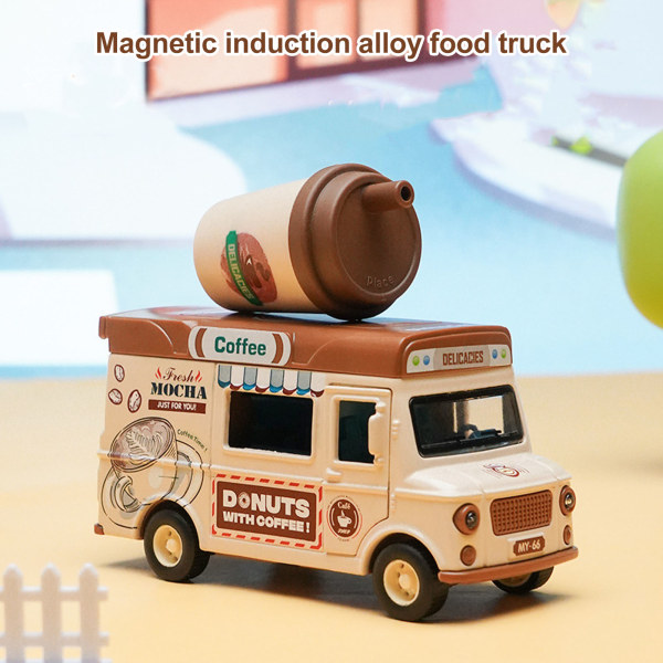 1:36 Magnetisk induktionslegering Die Cast Food Truck Barn Ljus Musik Legering Pull Back Bil Låtsaslek Leksak Kaffe Truck