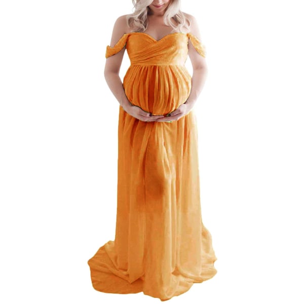 Maternity lång klänning off shoulder elegant stilren lös fåll gravid kvinna klänning för brudbutik fotografering ingefära XL