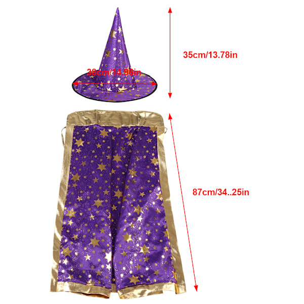 Kids Witch Wizard Cloak Hat Set Shinng Stars Pattern for Halloween Cosplay Purple