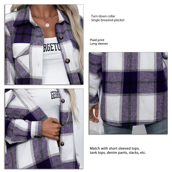 Women Plaid Jacket Autumn Winter Loose Casual Long Sleeve Turn Down Collar Button Closure Coat Outerwear Purple M