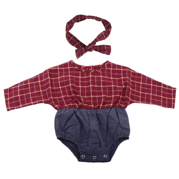 Nyfödd spädbarn flicka kläder rutig bomulls jumpsuit outfit med pannband (mörk röd, 66)