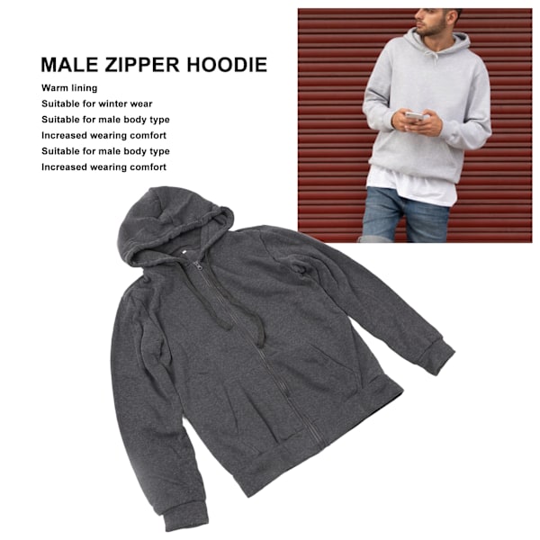 Herre Zipper Hoodie Pullover Side Pocket Snøre Varmt Bomuld Mænd Zipper Hoodie Sweatshirt til Daglig Liv Mørkegrå XL