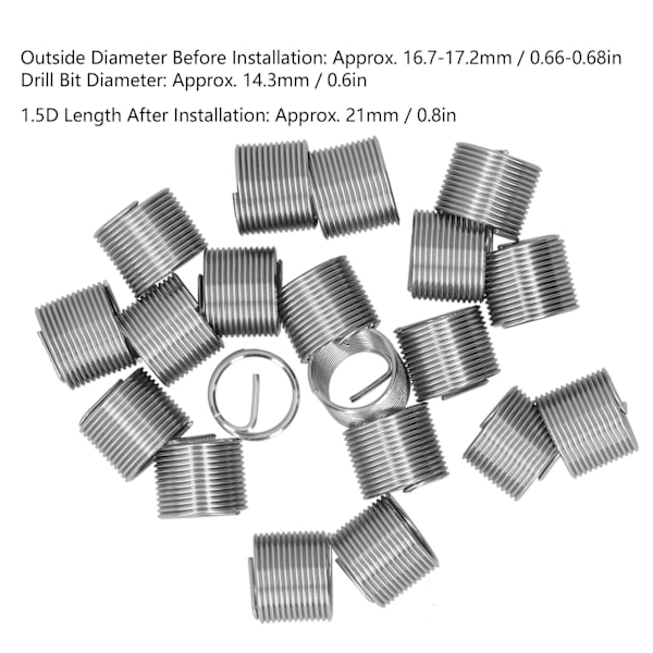 20 stk Trådreparasjon M14 x 1,25 Spiral Sirkelinnsats Redusermutter Trådet Utvidende Sokkelsett 1.5D