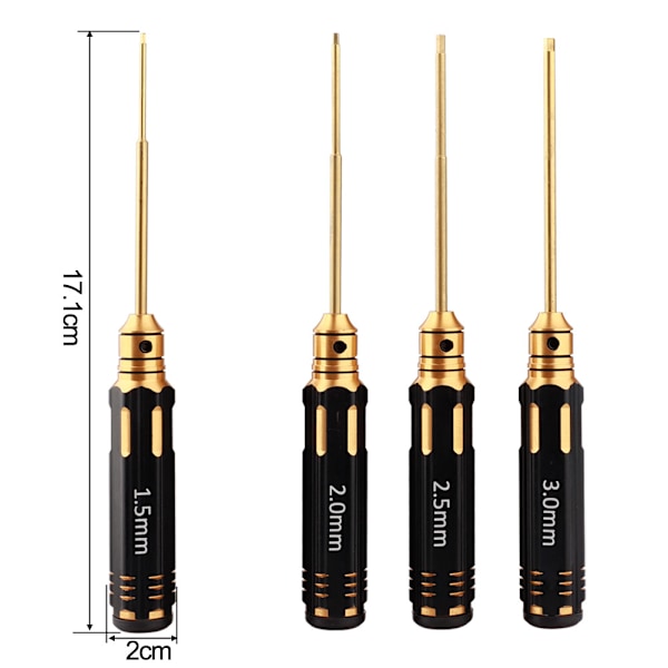 4 stk. Titanbelagte Modellfly-Skrutrekkere Svart 1,5 mm/2,0 mm/2,5 mm/3,0 mm