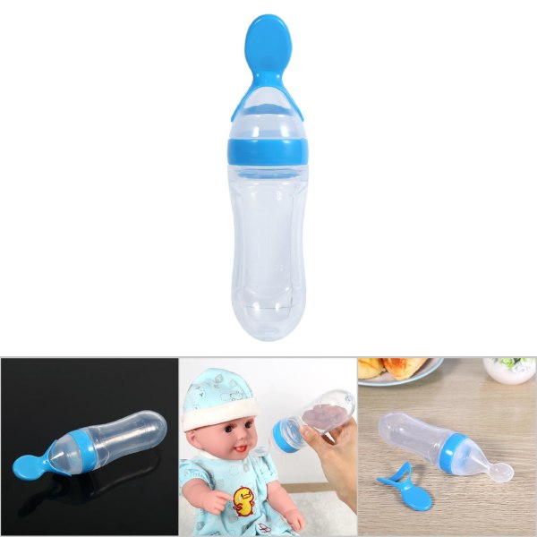90 ml silikon nappflaska för toddler med sked Färskmat, spannmålspressmatare (blå)