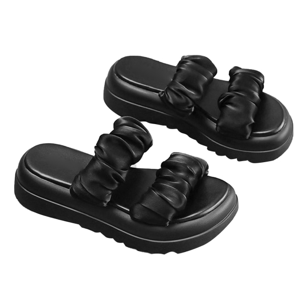 Kvinder Sommer Bløde Tykke Sål Tøfler Fashionable Elegant Strand PU Læder Slip On Sandaler Slides Sort 36