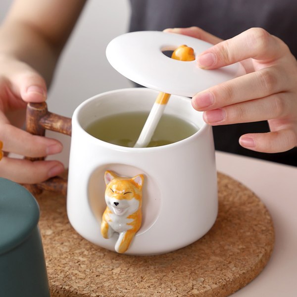 Keramisk kaffekopp, 3D Shiba Inu djurmönsterkopp,