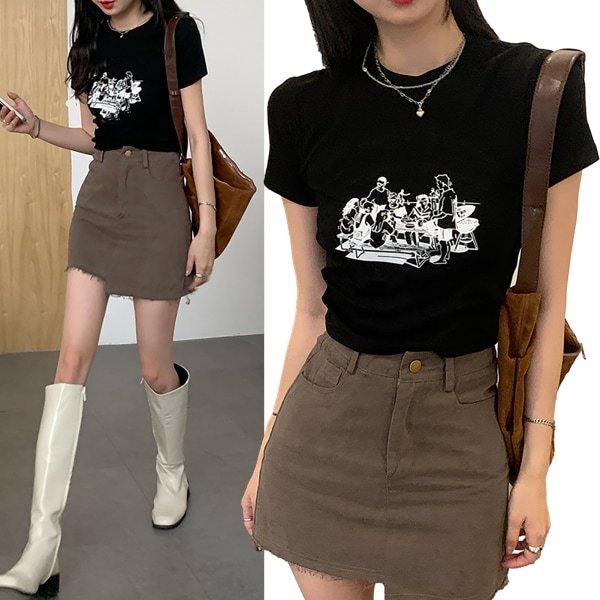 Women Short Sleeve Slim Fit T Shirt Summer Fashion High Waist Midriff Baring Women Crewneck Short Sleeve Tops Black L