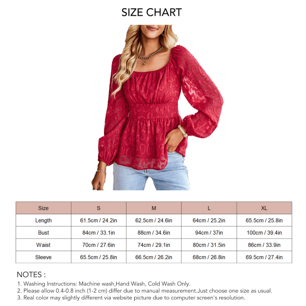 Women Lantern Long Sleeve Top Wide Neck Backless Casual Shirt with Loose Hem for All Seasons Red M