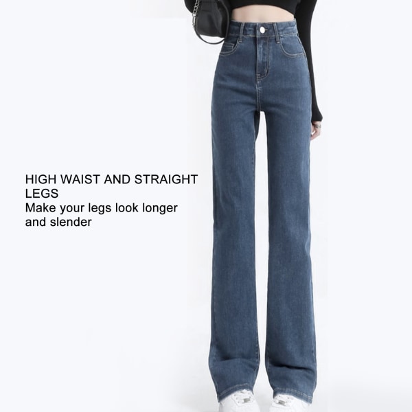 Dam Straight Pants Hög Midja Lös Passform Mjuk Bomull Casual Långa Byxor för Dagligt Bruk Mellanblå 29