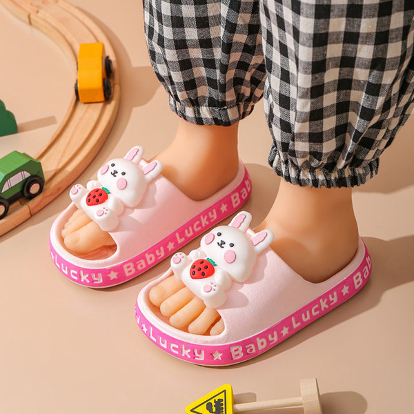 Kids Summer Slides Cartoon Animal Pattern PVC Sole Prevent Slip Home Bathing Slippers Pink 26‑27(16cm / 6.3in