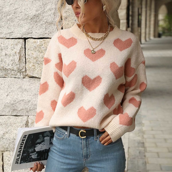 Hjertetrykk Genser Genser Crewneck Lang Ermet Mote Myk Uformell Hjerte Genser for Kvinner Rosa L