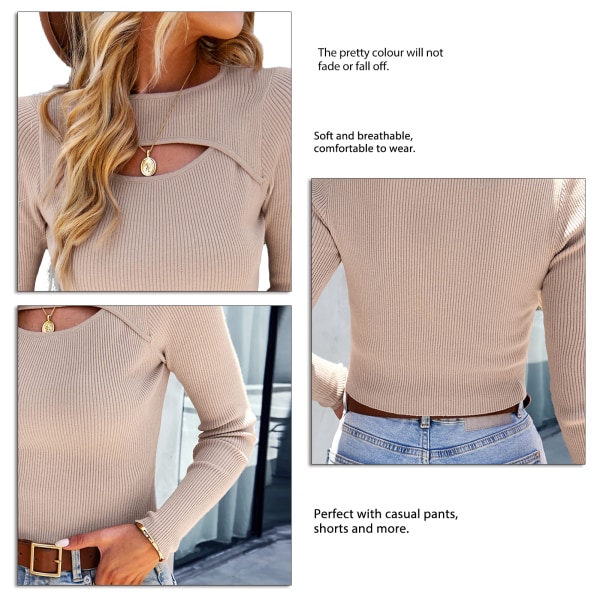 Women Top High Round Neck Long Sleeve Knitwear Cutout Shirt for Party Home Office Khaki M