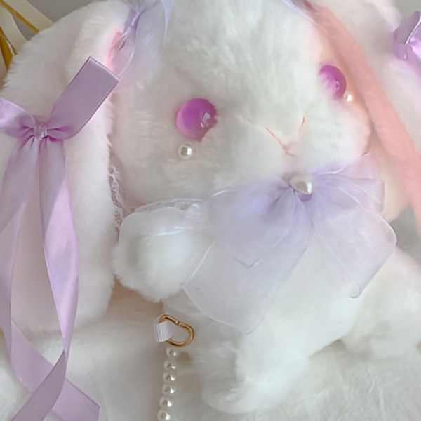Söt kanin handväska fluffig päls tecknad plysch djur plånböcker Väska med konstgjorda pärlband för flickor Lila