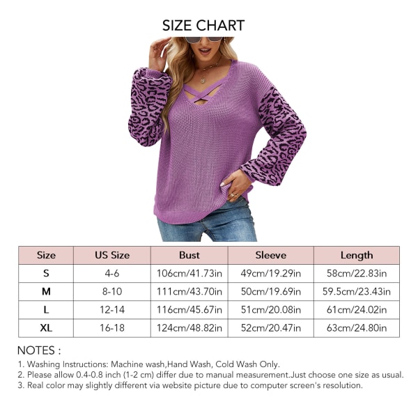 Women Long Sleeve Top V Neck Blouse Pullover Knitted Sweater Patchwork Leopard Pattern Strap Decoration for Autumn and Winter Purple L