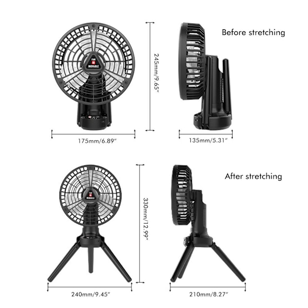 Portable Desk Fan with Tripod Light USB Rechargeable Air Cooling Fan Light Outdoor Camping Ceiling Fan for Travel Tent Office Hiking