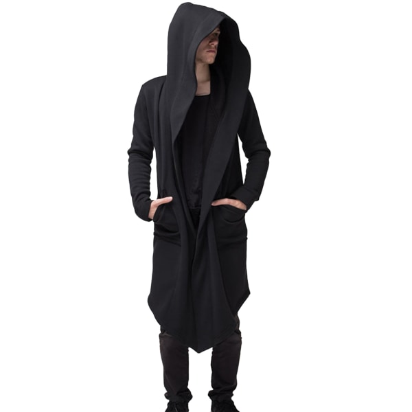 Men Long Hooded Open Front Overcoat Lightweight Long Sleeve Coat for Autumn Winter Black L