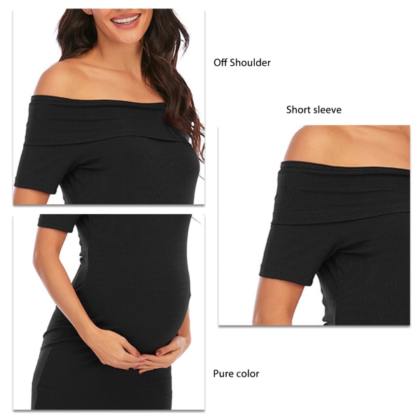 Gravidklänningar Off Shoulder Kortärmad Ren färg Mjuk Bekväm Fashionabla Smal passform Damklänningar för Daily Black L