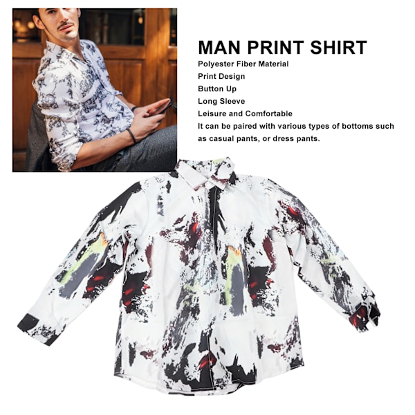 Man Print Shirt Fashion Langærmet Komfortabel Skjorte Fritid Knapp Opp Topp for Trening Utflukt Man Print Shirt L