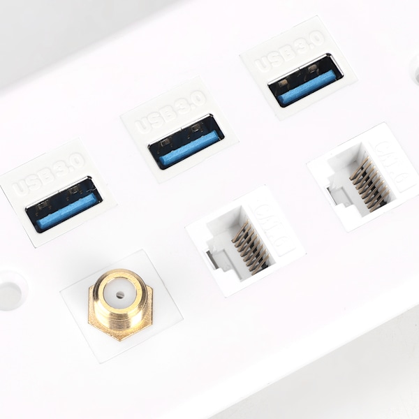 Valkoinen seinäpaneli RCA:lle + 3 USB 2.0 -porttia + 2 CAT6 -porttia moduulilla