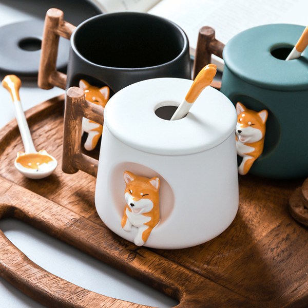 Keramisk kaffekopp, 3D Shiba Inu djurmönsterkopp,