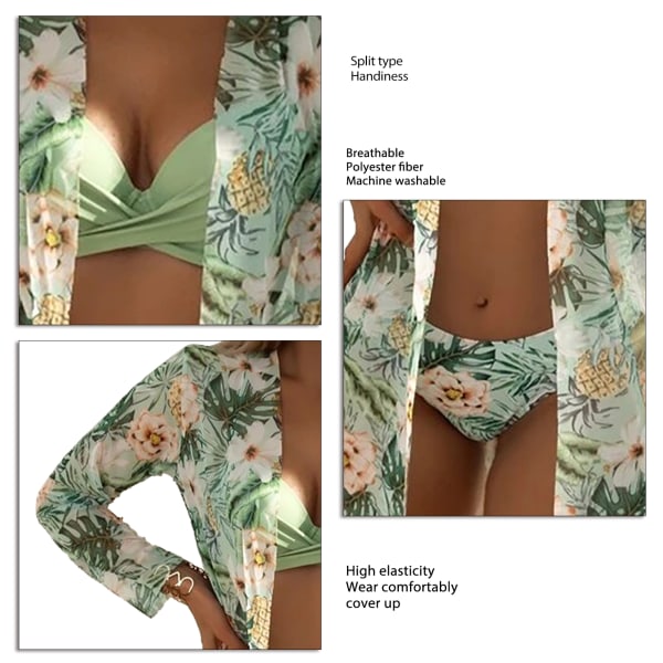 Dam 3-delad bikini med blommigt print spaghettiband Bikini baddräkt med cover för Beach Green S