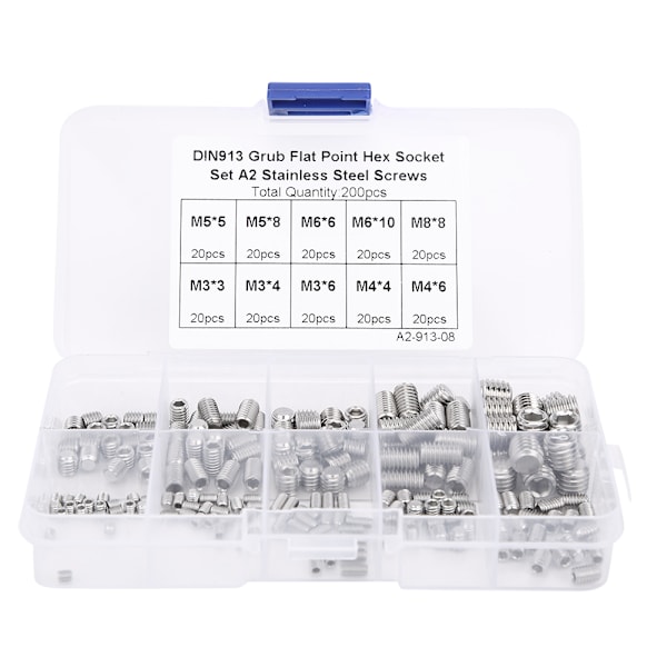 200 stk Flat Point Hex Socket Grub Screw i rustfritt stål for presisjonsinstrumenter M3/M4/M5/M6/M8