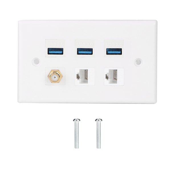 Valkoinen seinäpaneli RCA:lle + 3 USB 2.0 -porttia + 2 CAT6 -porttia moduulilla