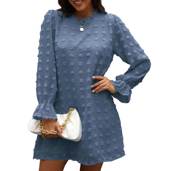 Dress Long Puff Sleeve Chiffon Dot Print Round Neck Cute One Piece Dress for Women Dark Blue S