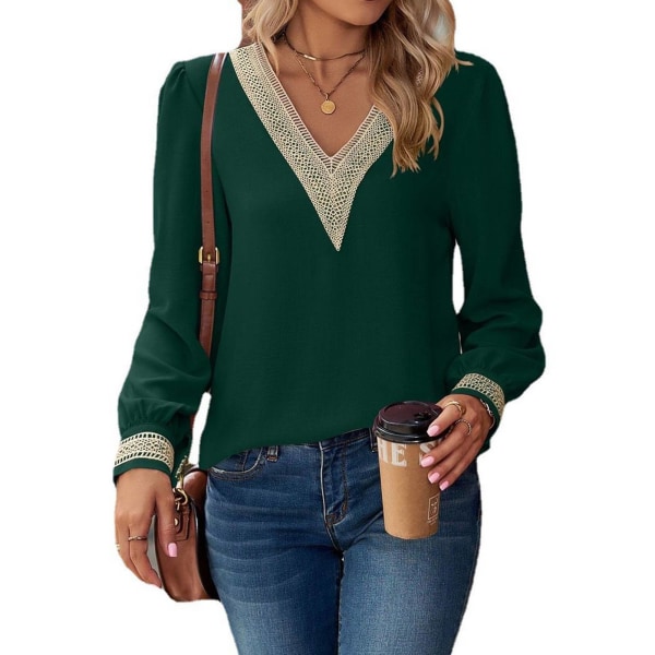 Pullover Lace Stitching V Neck Long Puff Sleeves Casual Comfortable Chiffon Women Top Dark Green M