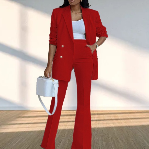 Women 2 Pieces Suit Plain Color Wide Leg Trousers Turn Down Collar 2 Pieces Long Pants Suit for Female Red S