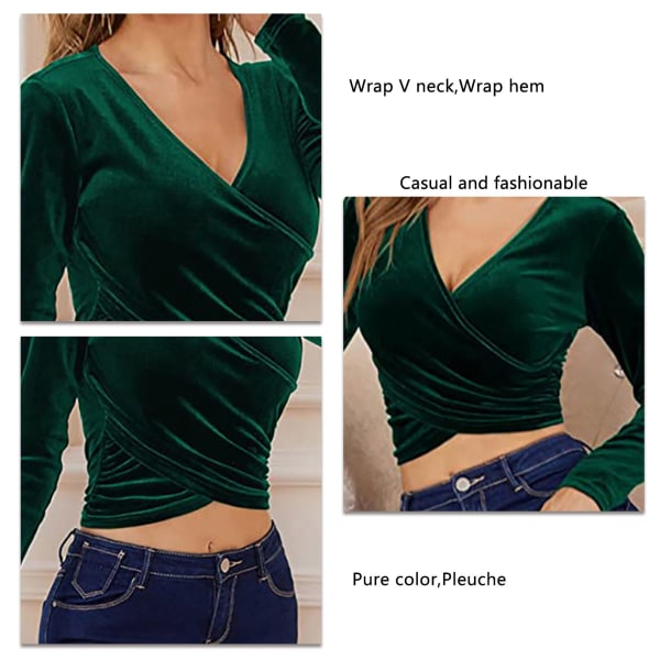 Damer omlott V-ringad toppar Pleuche Fashionabla Elegant Slim Fit Pure Color Långärmad skjorta för kontorsarbete Grön Svart L