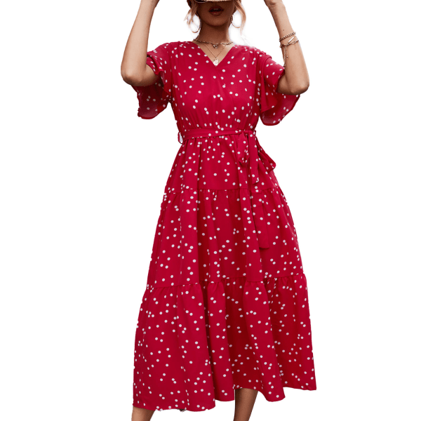 Women Wrap V Neck Dress Short Sleeve Waist Belted Breathable Summer Maxi Dress for Daily Wear Red White Dots L