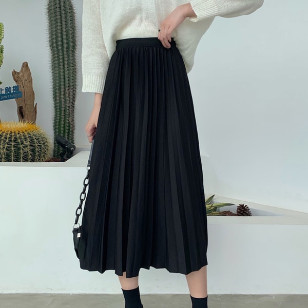 Kvinna Hög midja Plisserad kjol Mode Lätt ren färg Mellanlängd kjol för dejting Shopping Svart L