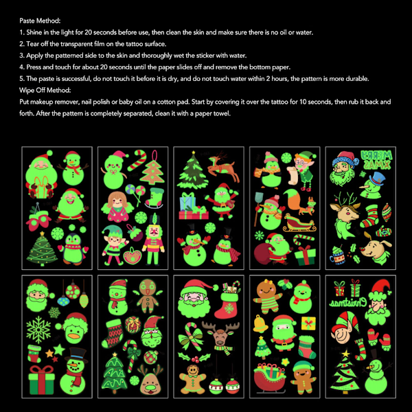10 stk. jule-tatovering klistremerker selvlysende vanntette midlertidige ansiktsmorsomme dekorasjoner