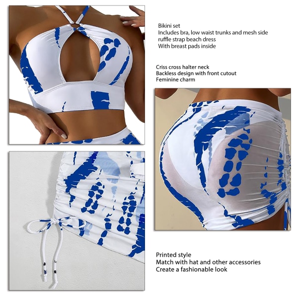 Women Criss Cross Halter Bikini Swimsuit Set Fashionable Causal Tie Dye 3 Piece Swimsuit with Beach Skirt Blue S