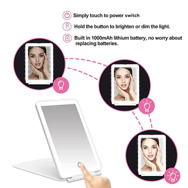 LED Genopladelig Rejse Kosmetik Spejl Foldbar Bærbar Lighted Makeup Skønhedsspejl med Justerbar Touch Screen