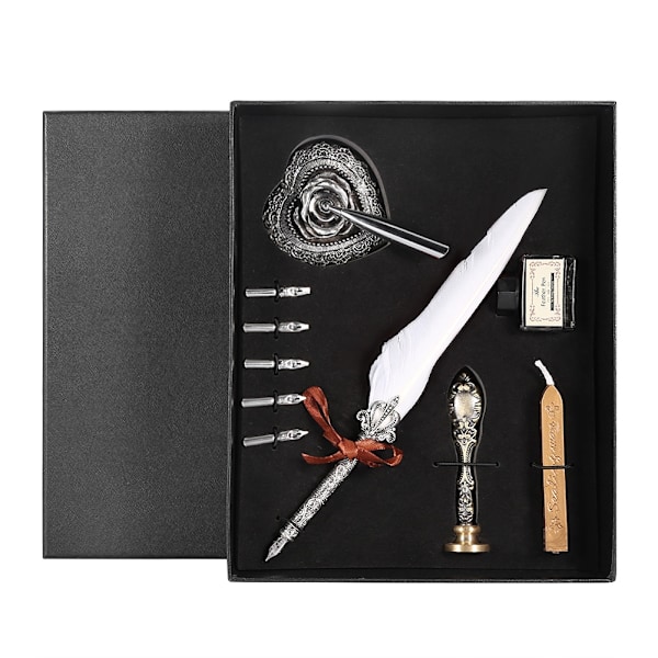 European Retro Quill Alloy Feather Writing with Pen Nibs&Gift Box Set With Ink Bottle White