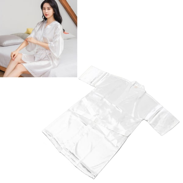 Women Satin Bathrobe V Neck Tie Waist Plain Color Elegant Loose Fit Robe Pajama Sleepwear White L