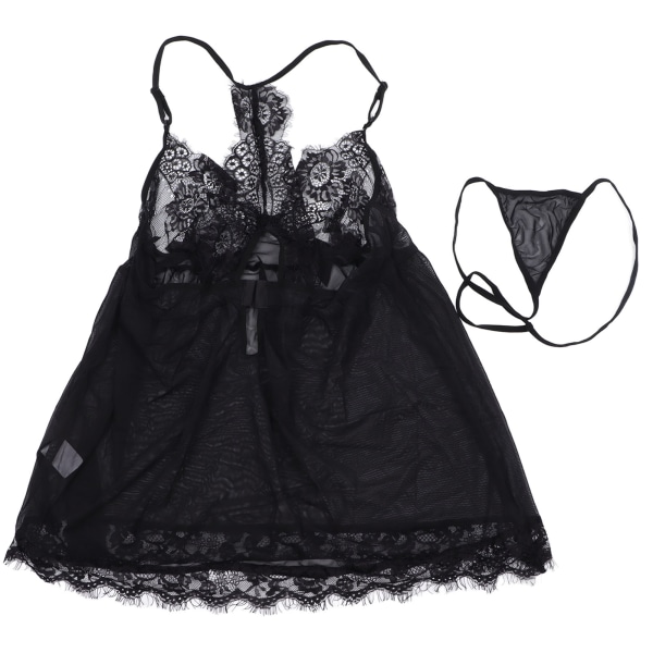Kvinnors spetsnattlinne set genomskinlig rygg korsande rem underkläder trosa nattkläder svart XL
