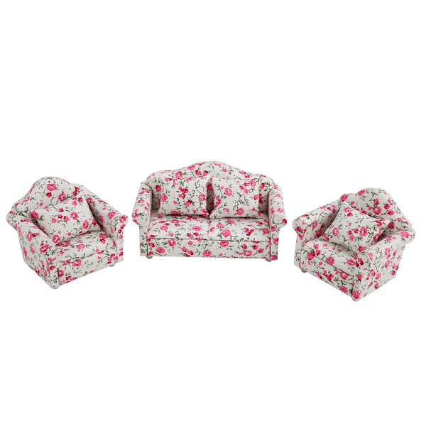 1/12 Skala Dukkehuss Tilbehør Blomstret Mønster Mini Møbler Sofa Sæt Med Rygpuder (#2)