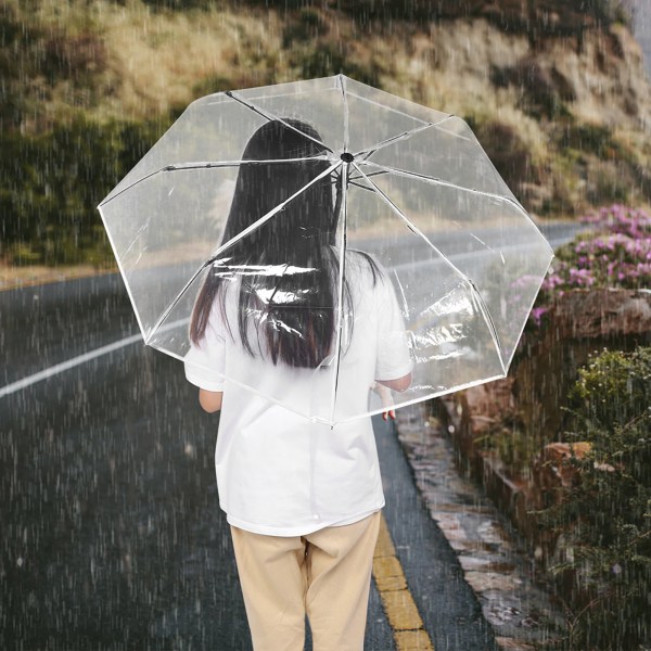 Bärbar, trendig, transparent, automatisk, tredelad hopfällbar regnparaply för utomhusbruk