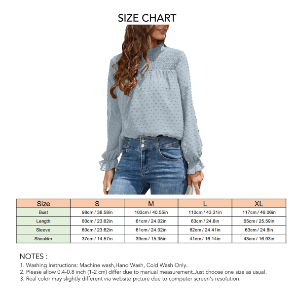 Kvinners Ruffle Langærmet Skjorte Casual Fashionable Crew Neck Shirred Plissert Solid Farge Topp Bluse Sky Blue S