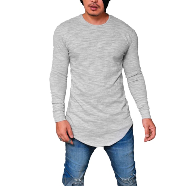 Men Long Sleeve Regular Fit Shirt Crew Neck Slim Fitting Plain Color Casual Muscle T Shirt Grey M