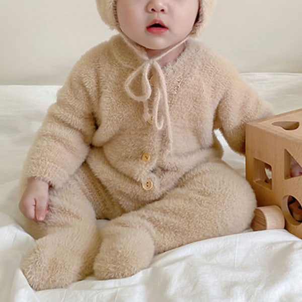 Baby Bear Jumpsuit - Sød, blød og varm babyheldragt med hætte til efterår og udendørs brug - Lysebrun - 80 cm / 31,5 tommer