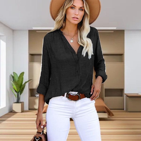 Women Summer Blouse Loose V Neck Long Sleeve Button Front Pullover Blouse for Female Black S