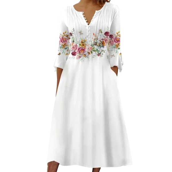 V-ringad lång klänning randig tryck utsökt knapp casual elegant fashionabel klänning för fester datum vit XL